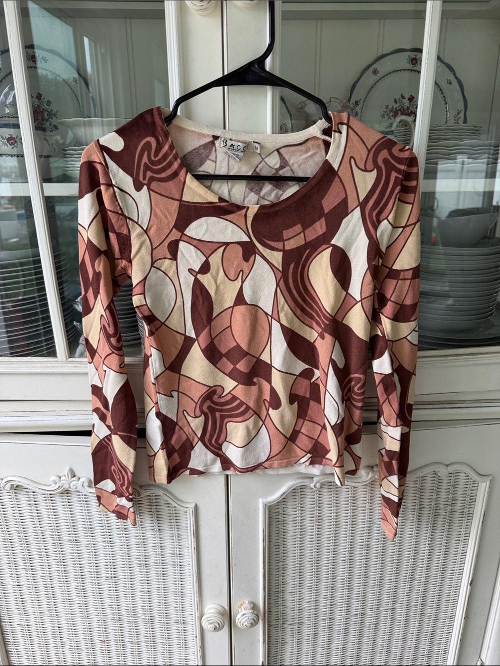 Women's Retro Abstract Long-Sleeve Top - Brown & Cream bacci y2k medium